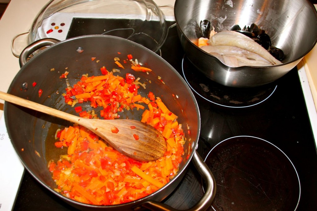 Saute your veggies for your paella