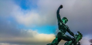Budapest monument of man slaying a snake!